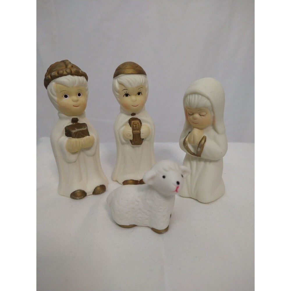4 Vintage White bisque porcelain Nativity figurines Mary Joseph Lamb Wise Man